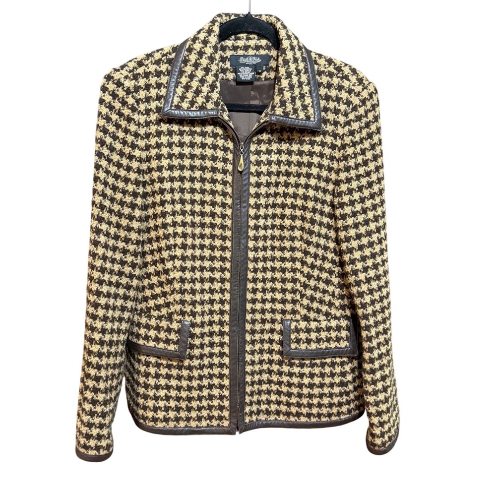Peck & Peck Houndstooth Wool Blend Zip Jacket Brown Tan Faux Leather Trim Sz 12